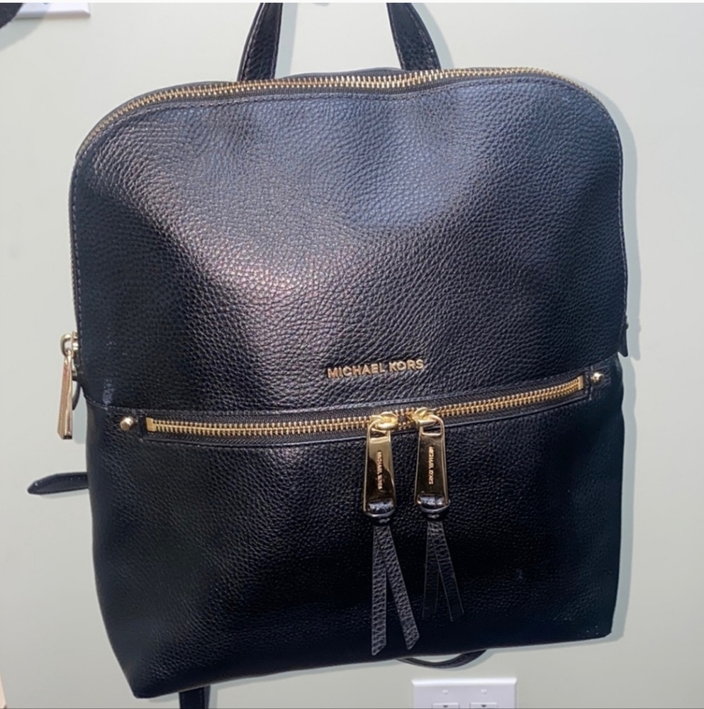 Michael Kors Rhea Medium Pebbled Slim Black Leather Backpack